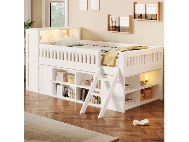  Lit surélevé 120x200 cm avec rangements et éclairage led, blanc  - Conforama B