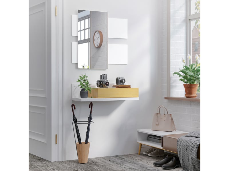  Ensemble de meubles d'entrée avec miroir et tiroir, mobilier moderne en bois avec miroir de 40 x 70 cm, fixation murale  - Conforama D