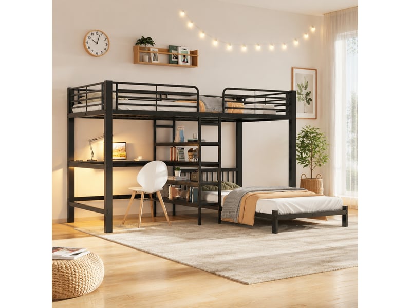  Lit superposé tcqpz 2 couchages 90 x 200 cm bureau prises usb type-c métal mdf noir  - Conforama C