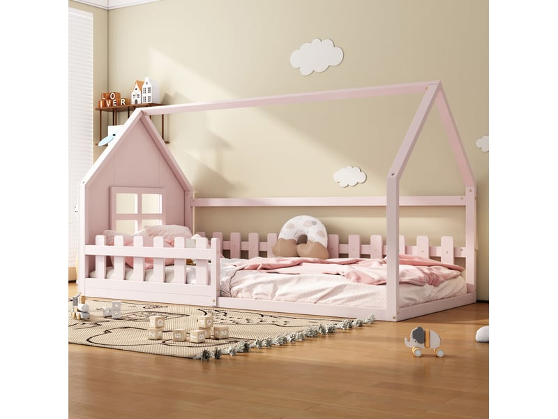  Modenvie lit enfant cabane 90x200 cm - en pin et mdf, avec sommier à lattes - pour chambre d'enfant - rose  - Conforama B