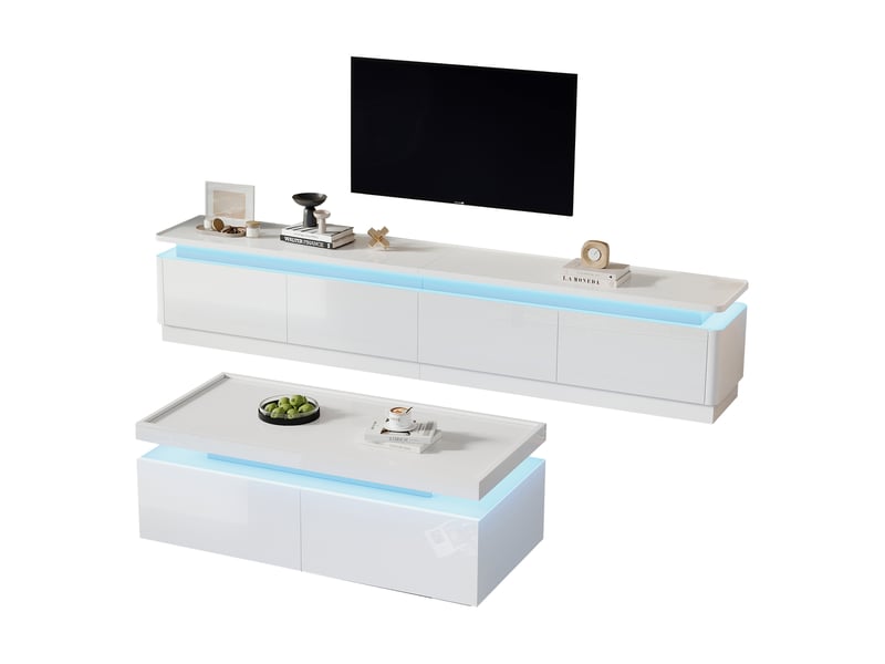  Lot de 2, meuble tv et table basse blancs brillants, tv 75 pouces, panneaux de particules, 4 tiroirs tv, éclairage led  - Conforama A