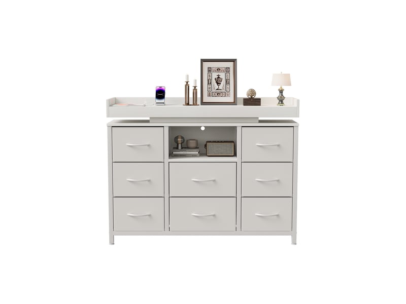  Commode chambre, 8 tiroirs, led rgb et station de charge, meuble de rangement 108x30x82 cm, métal et tissu, style industriel moderne, blanc  - Conforama A