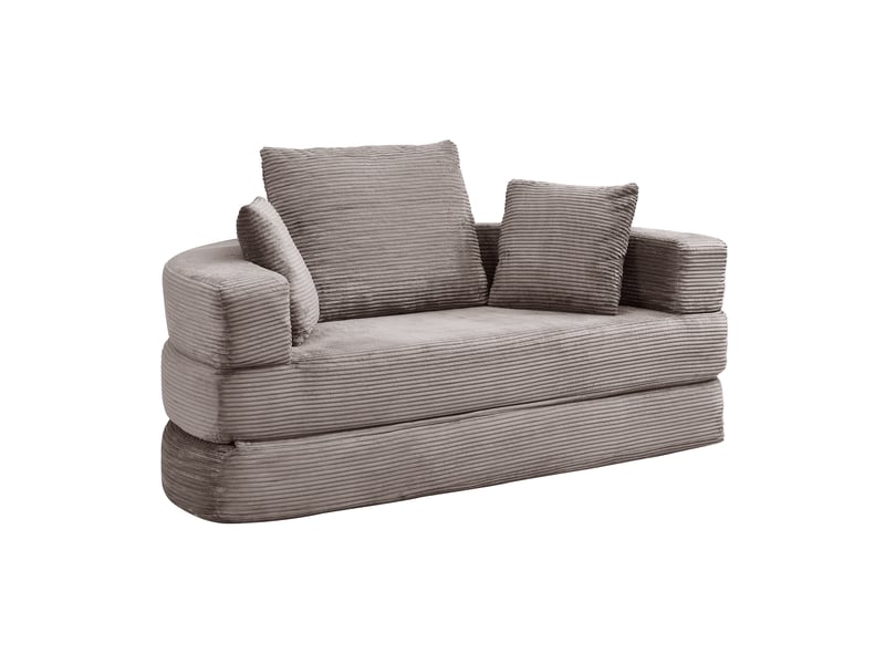  Canapé convertible 2 places en velours côtelé avec 3 coussins et dossier enveloppant, mousse taupe  - Conforama A