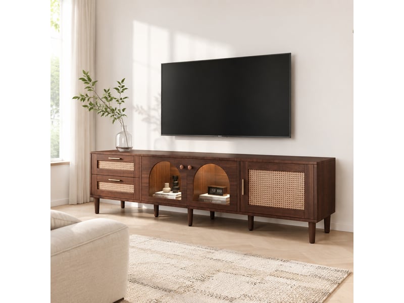  Meuble tv modenvie 180 x 40 x 50 cm marron avec led, 2 tiroirs en rotin et 3 portes  - Conforama E