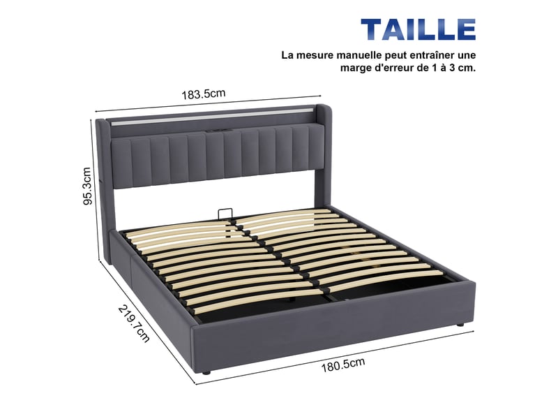  Lit coffre 2 places 180 x 200 cm cm avec led et usb, velours, gris foncé  - Conforama C