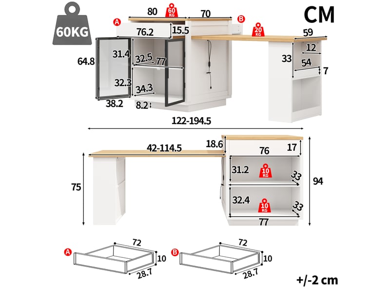  Îlot de cuisine extensible 122-194.5x70x94cm pour 2 à 6 personnes, 2 tiroirs, vitrine frontale, plan de travail et led multicolore, blanc evarich - Conforama C