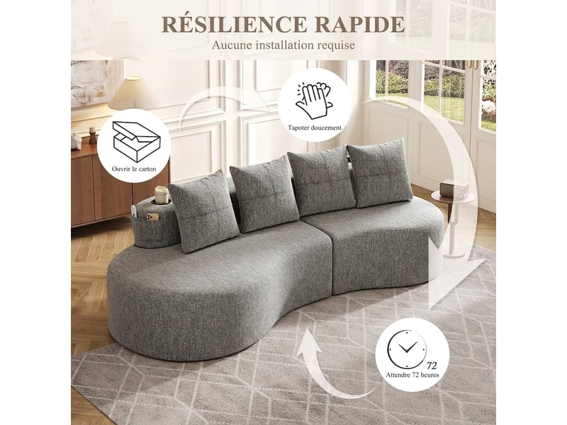  Canapé 4 places en lin gris clair avec porte-gobelets 240 x 109 cm - 4 coussins inclus  - Conforama D