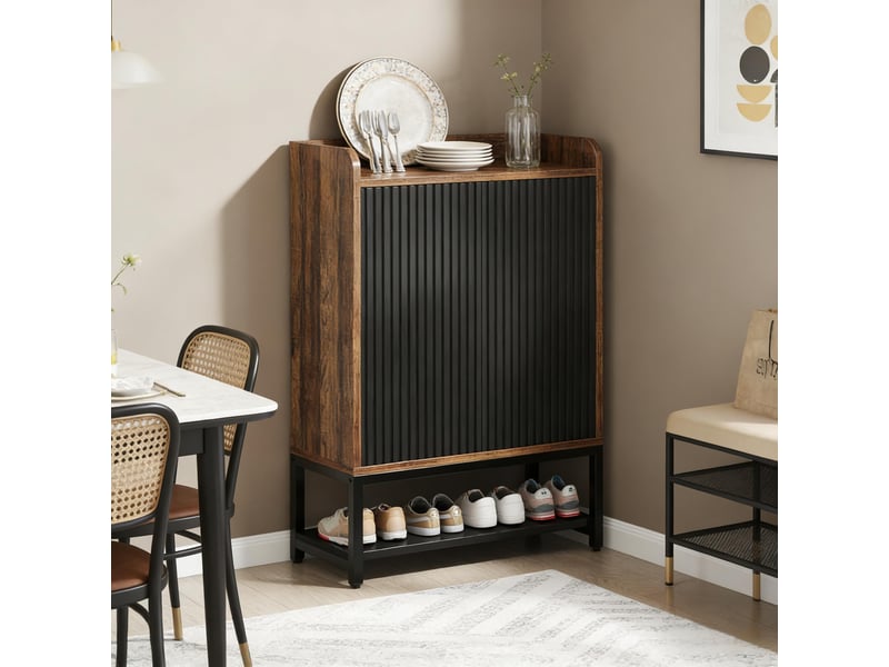  Meuble à chaussures 5 étagères avec portes pour entrée en panneaux de particules 73×35×105,5 cm noir marron rustique  - Conforama B