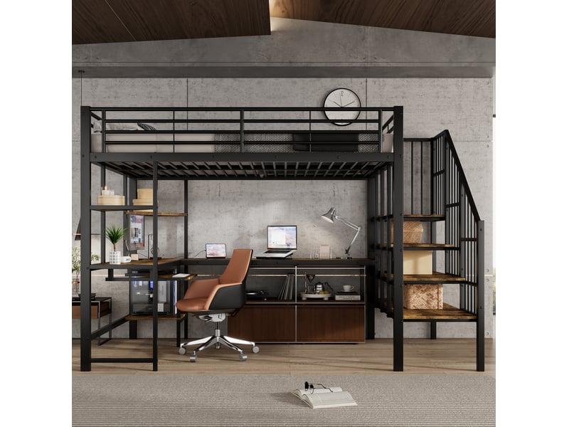 Lit mezzanine 120x200 cm avec bureau, escalier d'angle et port de charge, noir - Conforama E