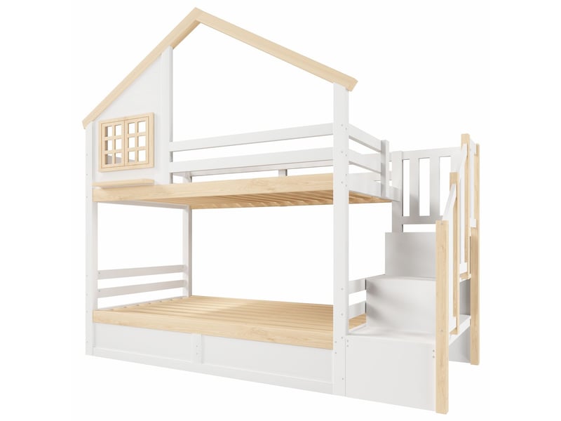  Lit superposé 90 x 200 cm structure hydraulique barrière de lit rangement sous le lit décoration de fenêtre et maison blanc et naturel  - Conforama A