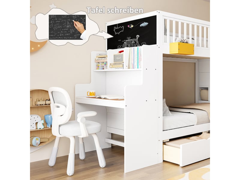 Lit superposé enfant 90 x 200 cm blanc avec bureau intégré, escalier de rangement, tiroirs sur roulettes et cadre en pin massif - Conforama W