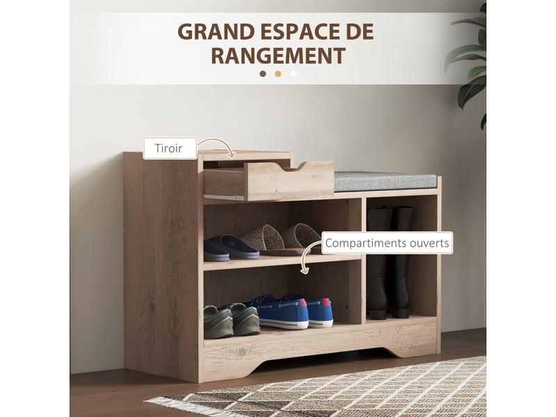  Banc à chaussures 1 tiroir et 3 compartiments, 76,5 x 30 x 52 cm gris, avec coussin rembourrée capacité 5 paires  - Conforama A