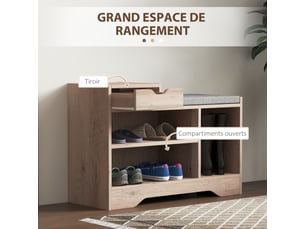 Banc à chaussures 1 tiroir et 3 compartiments, 76,5 x 30 x 52 cm gris, avec coussin rembourrée capacité 5 paires