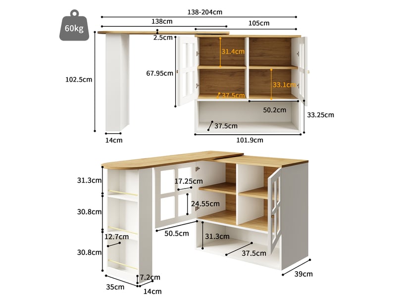  Meuble bar extensible 138 à 204 x 39 x 102,5 cm blanc en mdf, rotation à 360 degrés et rangements  - Conforama C