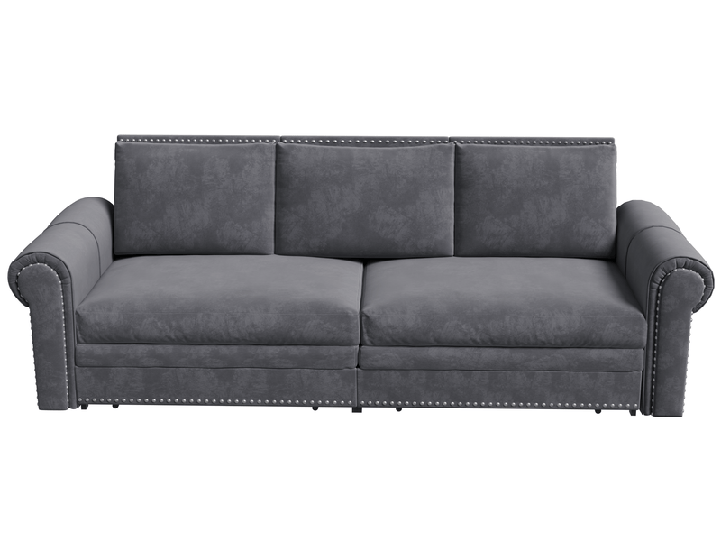  Canapé droit convertible 3 places en velours gris, 3-en-1 avec couchage, accoudoirs roulés et clous décoratifs  - Conforama A