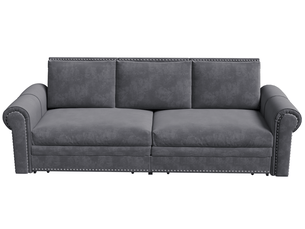 Canapé droit convertible 3 places en velours gris, 3-en-1 avec couchage, accoudoirs roulés et clous décoratifs