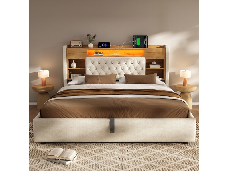  Lit coffre 140x200 cm avec led, usb et rangement coloris beige  - Conforama B