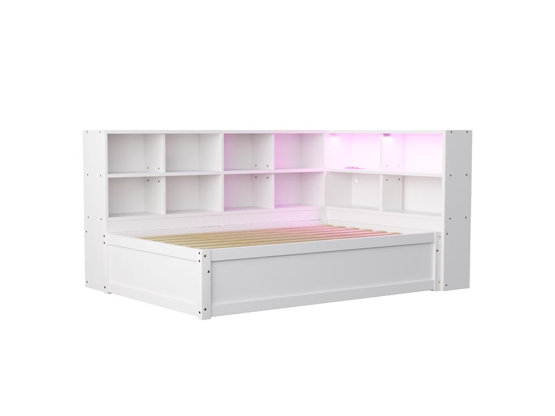  Lit banquette hydraulique avec rangements, bois massif blanc, 90x200 cm, led et prise intégrée  - Conforama D