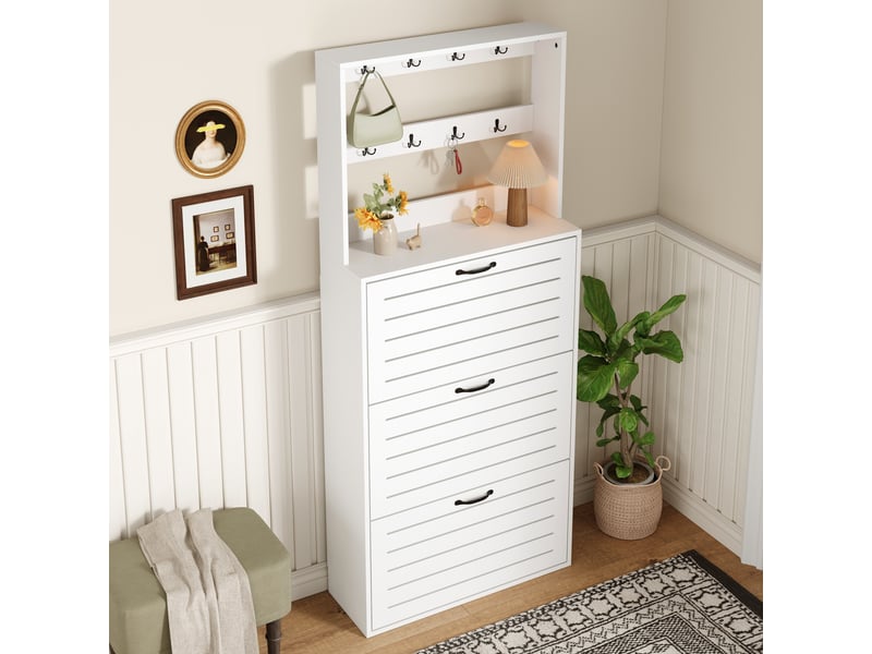  Meuble à chaussures 70x25x163 cm, 3 portes, 8 crochets et capacité 10 à 15 paires, rangement pratique pour entrée et couloir - blanc  - Conforama E