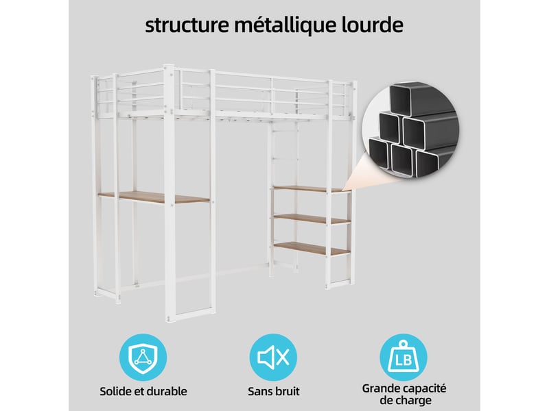  Lit mezzanine en fer 90×190 cm, bureau intégré, escalier et garde-corps, rangement sous couchage, à assembler  - Conforama E
