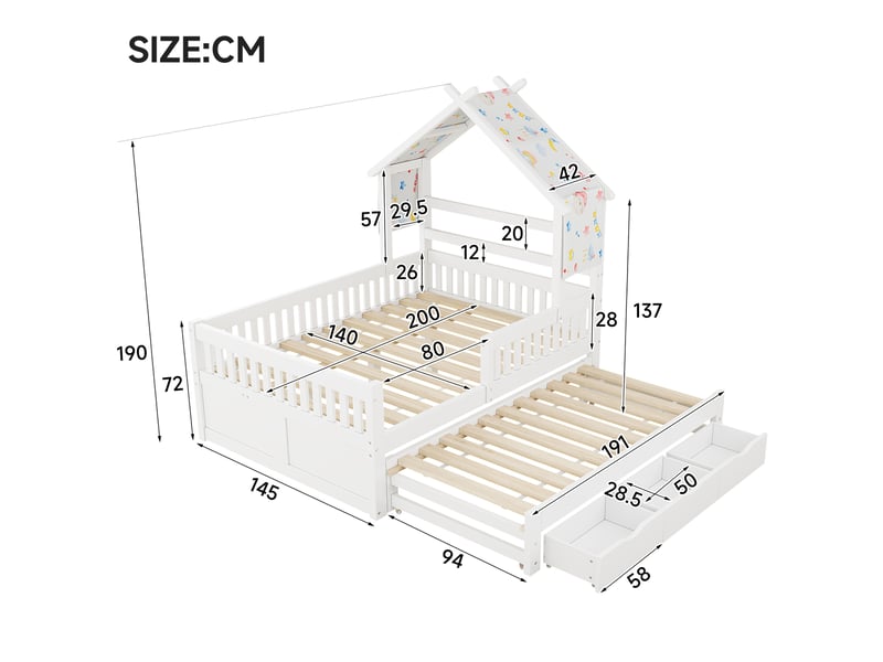  Lit maison 140x200 cm blanc, avec lit tirant, 3 tiroirs, garde-corps, structure bois, sommier inclus, sans matelas  - Conforama C