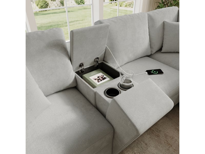  Canapé d'angle 5 places en tissu chenille gris clair, 235×208×83 cm, console avec rangement, porte-gobelets, ports usb  - Conforama D