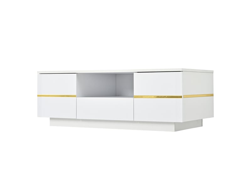 Table basse,100x50x35,5 cm,avec led, 2 portes et tiroir,mdf,blanc et doré - Conforama D