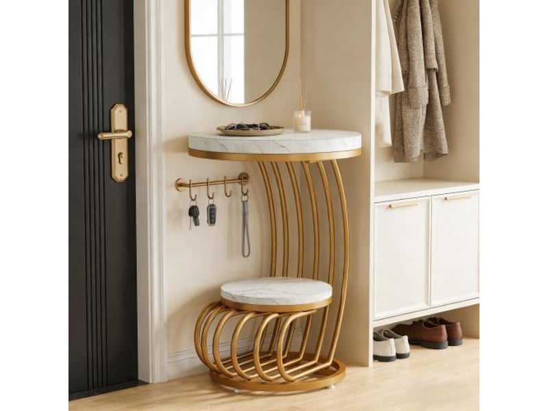 Table d'appoint ronde 2 niveaux aspect marbre blanc et métal doré ø50x63 cm - Conforama E