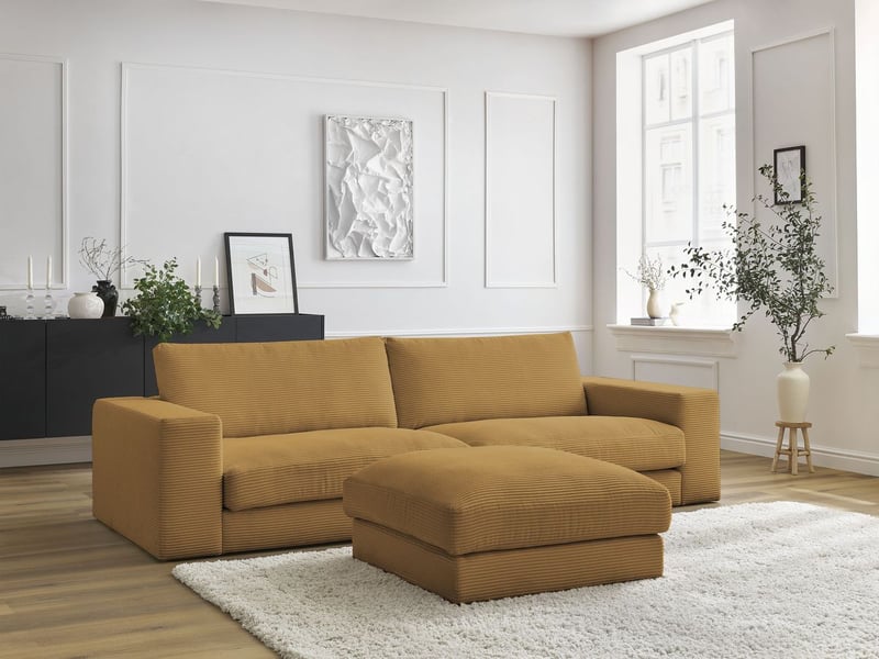 Bobochic canapé droit fixe 3 places leonard velours côtelé avec pouf jaune LEONARD - Conforama C