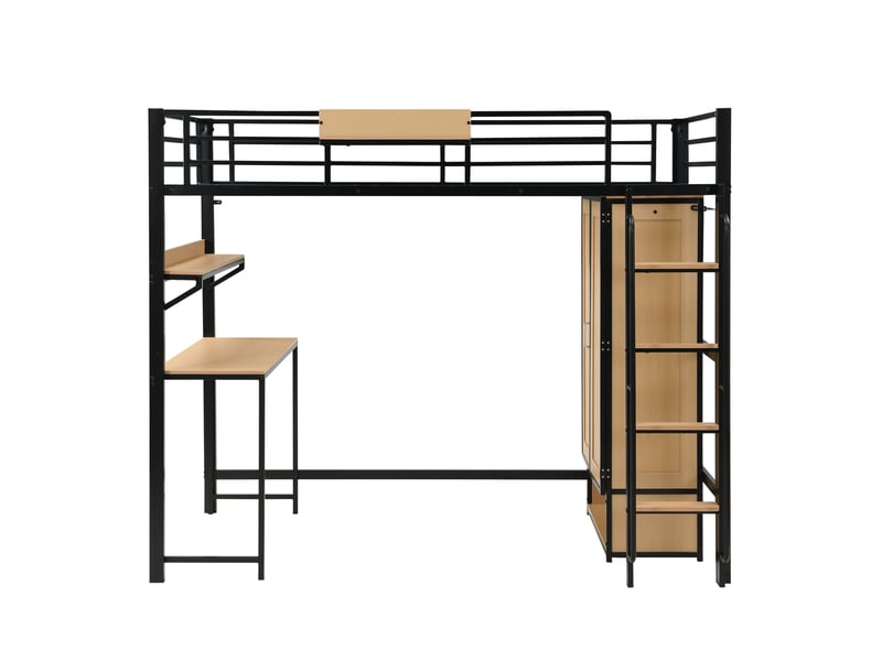 Lit mezzanine 90x200 cm, lit avec bureau, armoire et rangement, structure métal et mdf, noir et naturel, sans matelas  - Conforama C