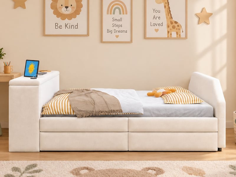  Lit rembourré pour enfant, 90 x 200 cm, avec bureau intégré, port de chargement usb et lit d'appoint gigogne, velours, beige  - Conforama B