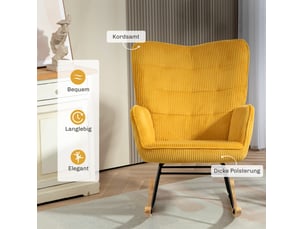 Fauteuil à bascule relax avec dossier haut capitonné et accoudoirs, patins en hêtre, en acier et velours côtelé jaune