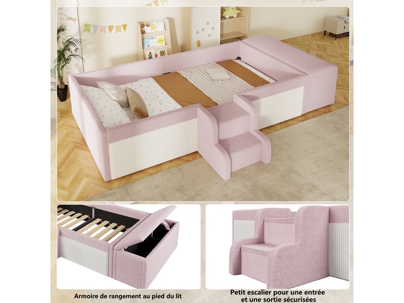  Lit enfant 140x190cm en bouclé rose avec échelle, banquette coffre mobile, barrières rembourrées et large couchage pour chambre et rangement  - Conforama E