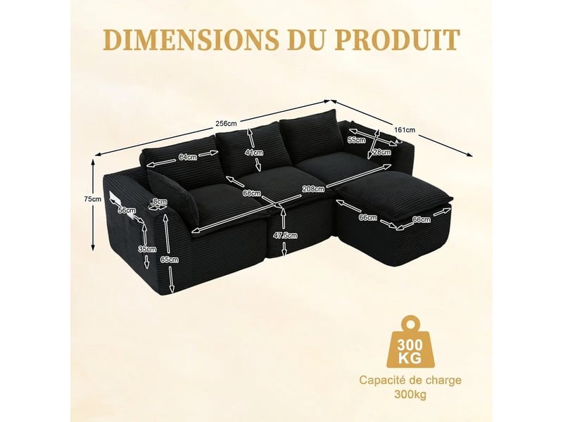 Canapé modulaire 3 places avec pouf assorti 256 x 161 x 75 cm rangement latéral et porte-gobelet - Conforama C