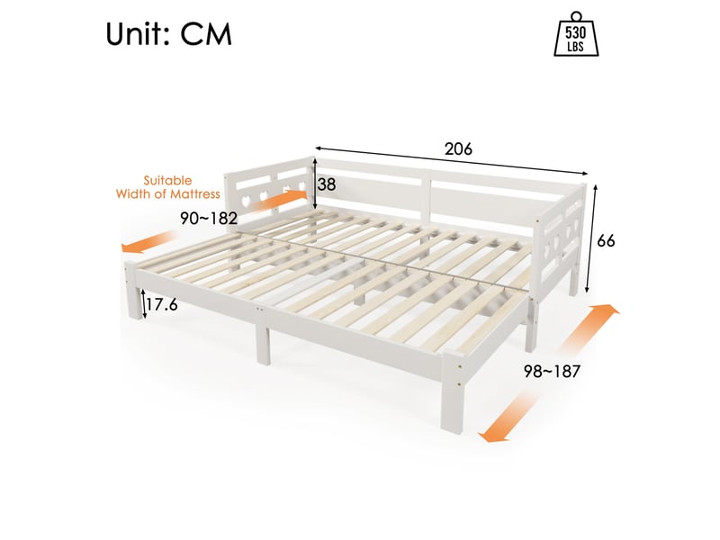  Lit de jour extensible 90x200 cm 2 couchages coeur bois mdf blanc sans matelas  - Conforama C