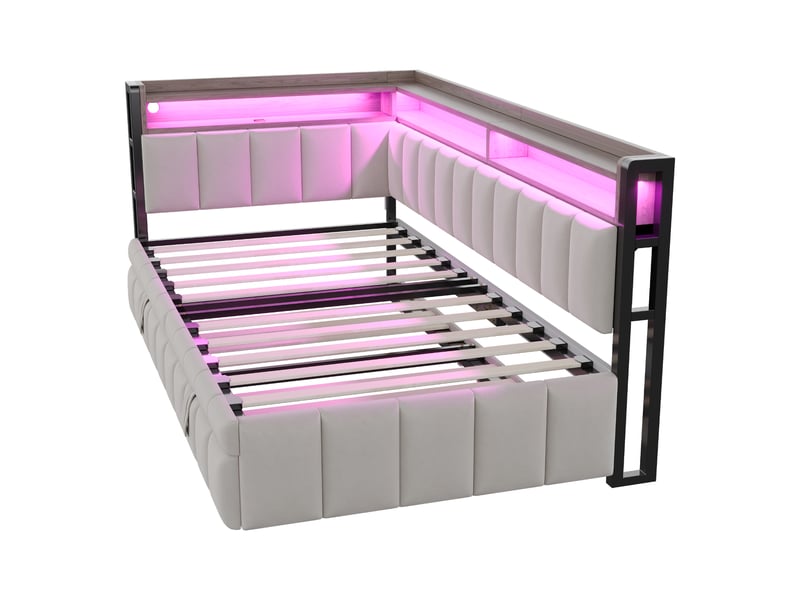 Lit gigogne enfant 90x200 cm avec led, rangement et usb type-c, velours, gris, sans matelas - Conforama E