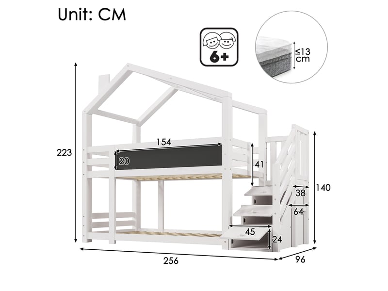 Lit superposé enfant 2x90x200 cm – blanc – escalier de rangement, tableau et 2 sommiers inclus - sans matelas  - Conforama C