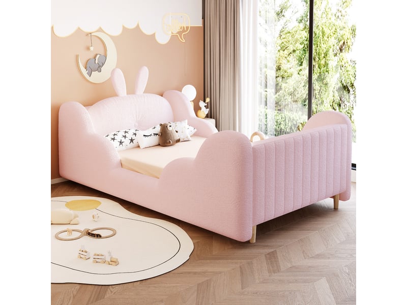  Lit rembourré enfant 90x200cm, coussin lapin, panneaux latéraux nuage – rose velours bouclette  - Conforama D