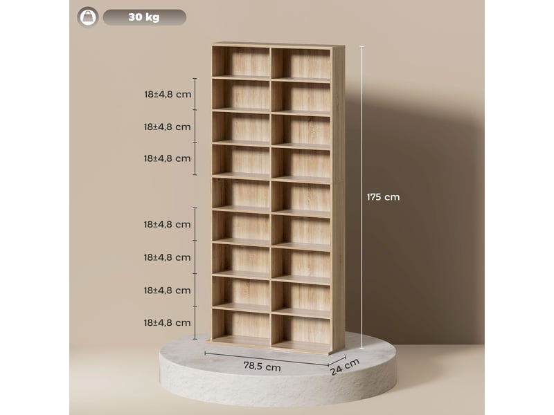  Meuble à dvd à 9 niveaux avec 18 compartiments et 14 étagères réglables, pouvant contenir 640 cd, 360 dvd ou 430 blu-ray, en bois naturel  - Conforama E