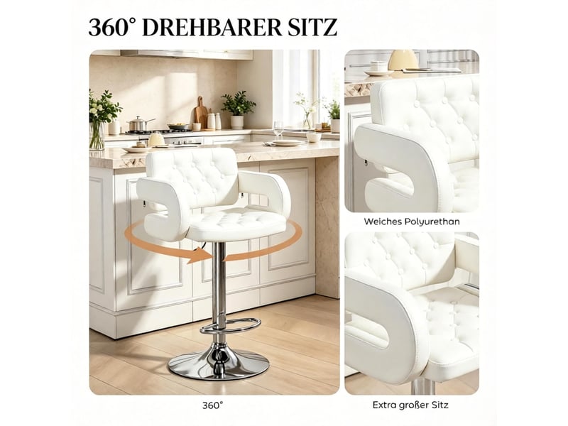  Tabouret de bar réglable avec dossier et accoudoirs - lpospi - pivotant 360°, repose-pieds, métal - blanc  - Conforama E