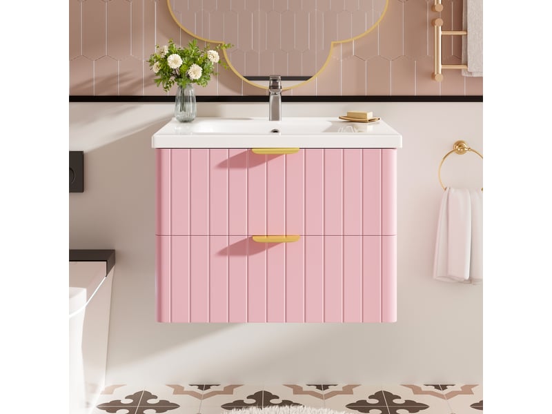 Meuble de salle de bain suspendu rose avec vasque. Meuble sous lavabo 60 cm avec rangement, structure mdf et céramique, rose et blanc. - Conforama W
