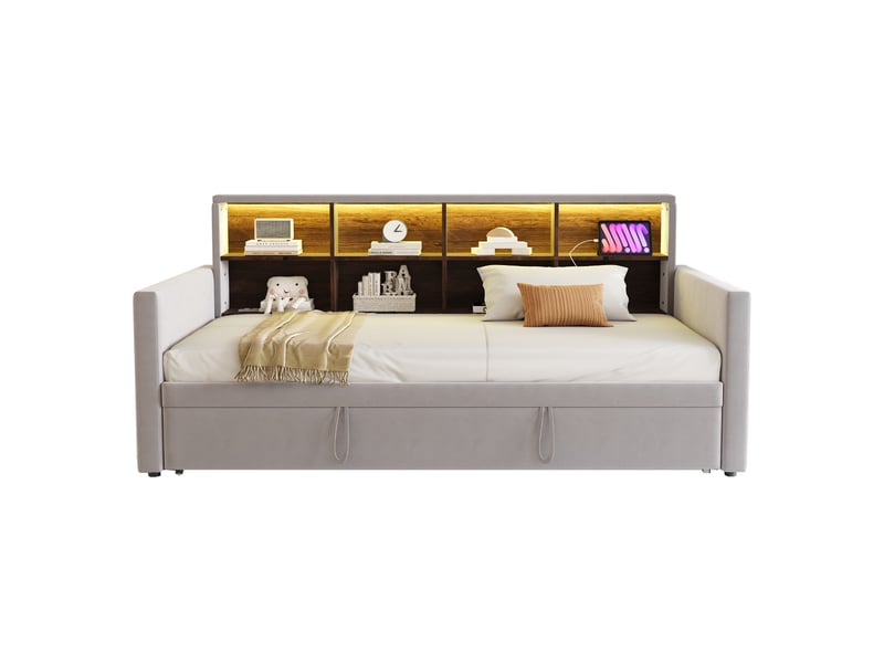  Lit banquette 90 x 190 cm, tête rangements, led, chargeurs, gigogne, velours gris clair  - Conforama A