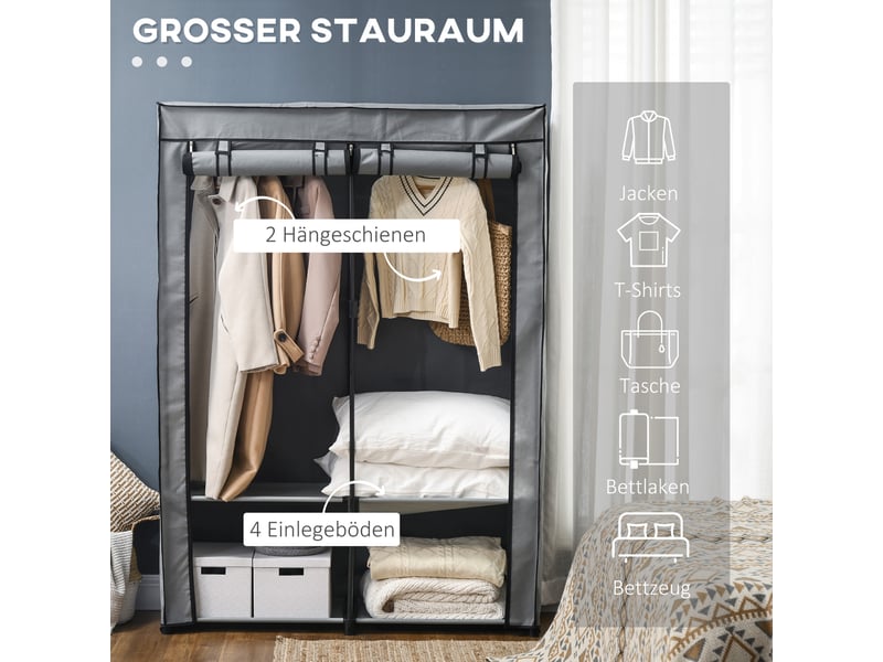  Armoire en tissu, solution de rangement, 4 étagères, 2 tringles, grise  - Conforama E