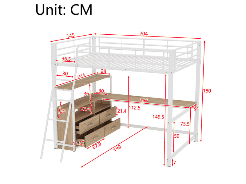 Lit mezzanine blanc 140x200 cm avec bureau en l et tiroirs de rangement - Conforama C