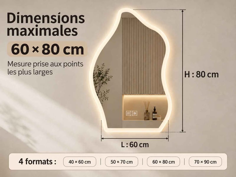  Miroir salle de bain led lumineux asymétrique 60 × 80 cm, avec éclairage réglable 3 couleurs et fonction anti-buée  - Conforama C