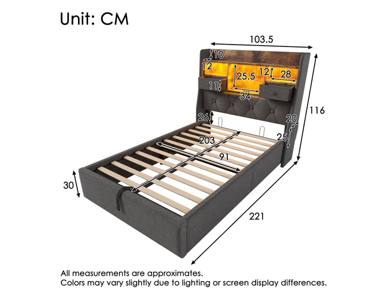  Lit enfant 90x200 cm – gris – coffre hydraulique, led, usb-c, sommier à lattes et matelas h3 réversible inclus  - Conforama C