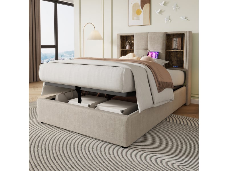  Modenvie lit coffre 90x200 cm - chargement sans fil, ports usb et usb-c, sans matelas - naturel  - Conforama B