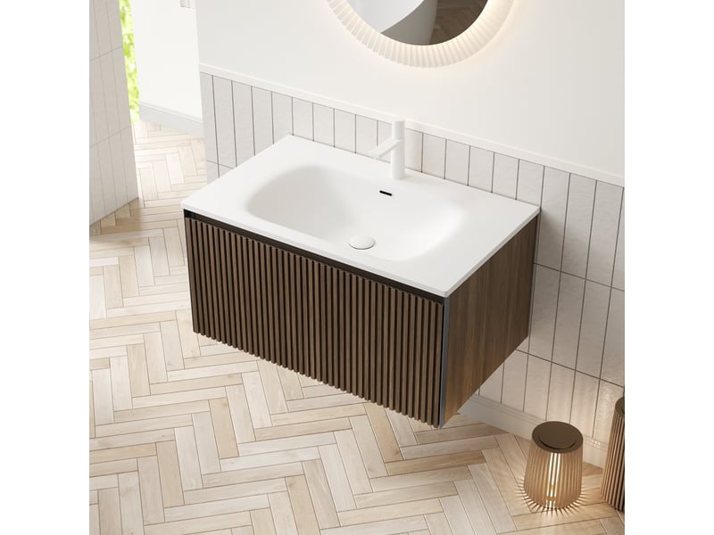 Meuble vasque suspendu avec tiroir - lpospi - fermeture douce, résine et bois multiplis - chêne marron, blanc - Conforama C