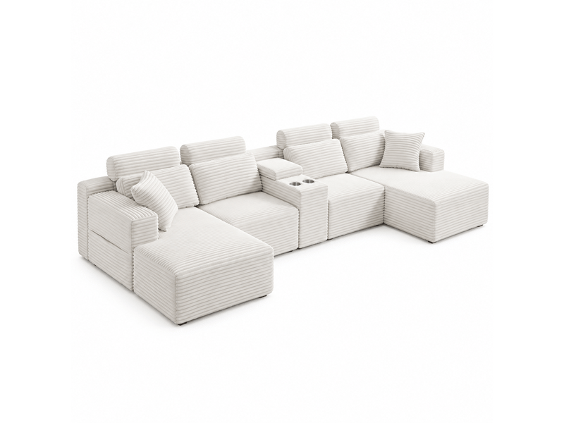  Canapé d’angle en u 6 places 372 x 151 x 80 cm, grand format modulable à assise moelleuse et porte-gobelets, mousse et velours côtelé, blanc OMNIGLINT TRADING LTD - Conforama A
