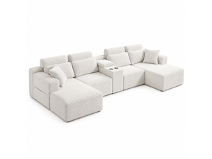 Canapé d’angle en u 6 places 372 x 151 x 80 cm, grand format modulable à assise moelleuse et porte-gobelets, mousse et velours côtelé, blanc